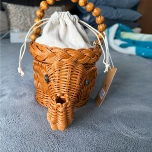 Woven Elephant shaped Handbag with Beaded Handle and Removable Chain Strap